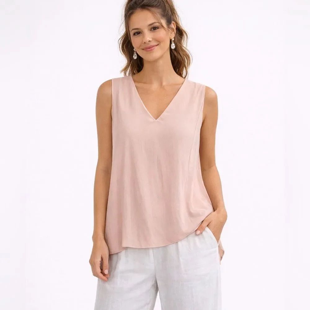 Iris & Ink Blush Pink V-Neck Sleeveless Blouse Size 10 Silk-Feel Minimalist Top